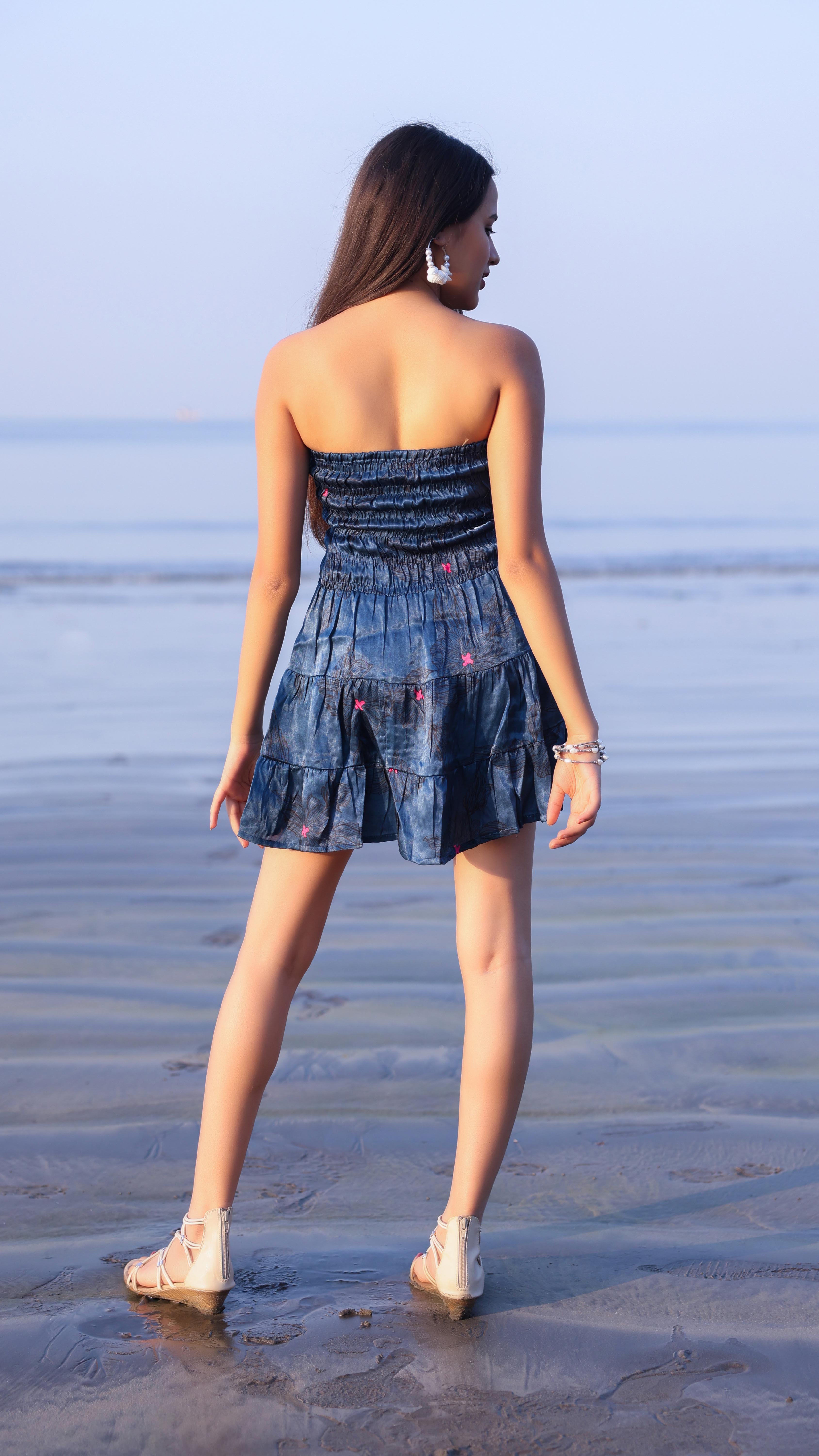 Noroke Modal Steel Blue Printed Mini Tiered Dress | Grocsy