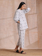 trueBrowns Grey On White Ikat Print Cotton Baggy Sleeve Co-Ord Set | Grocsy