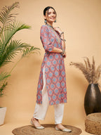 InWeave Women's Red Blue Ogee Print Gota Straight Kurta | Grocsy