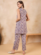 InWeave Purple White Moroccan Print Round Neck Kurta Set | Grocsy