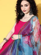 InWeave Strappy Set In Fuchsia With Blue Fuchsia Organza Dupatta | Grocsy