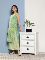 InWeave Women's Green Pastel Print Halter Kurta Set | Grocsy