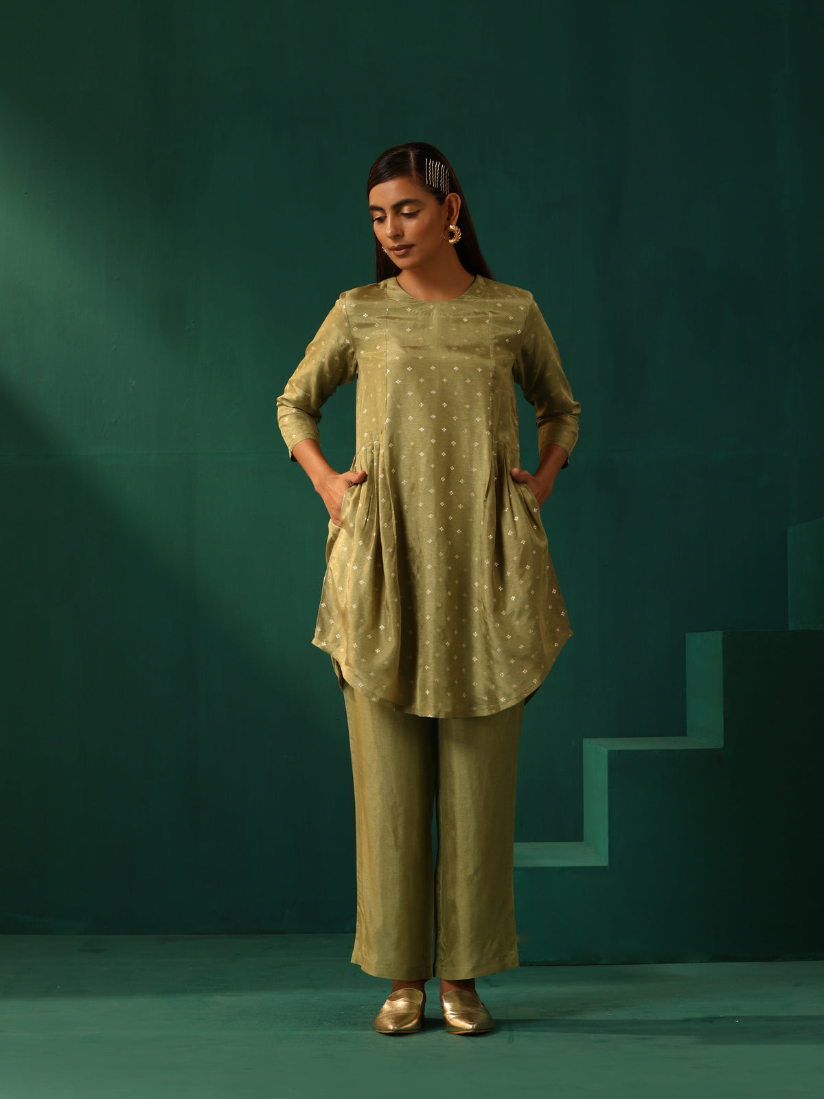 trueBrowns Green Square Viscose Silk Side Gathered Co-ord Set | Grocsy