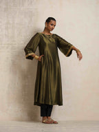 trueBrowns Olive Green Tissue Flared Anarkali Kurta Set | Grocsy