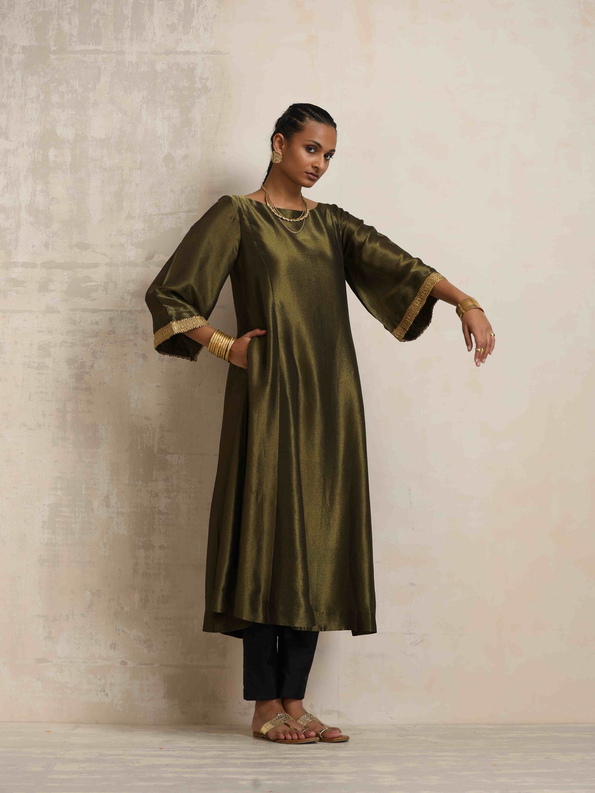 trueBrowns Olive Green Tissue Flared Anarkali Kurta Set | Grocsy