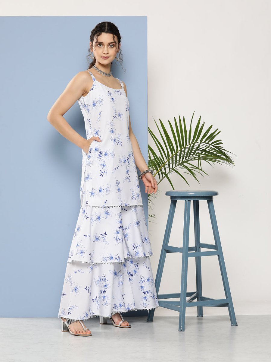 Ahalyaa Women White Floral Printed Sequinned Kurta with Sharara & With Dupatta | Grocsy