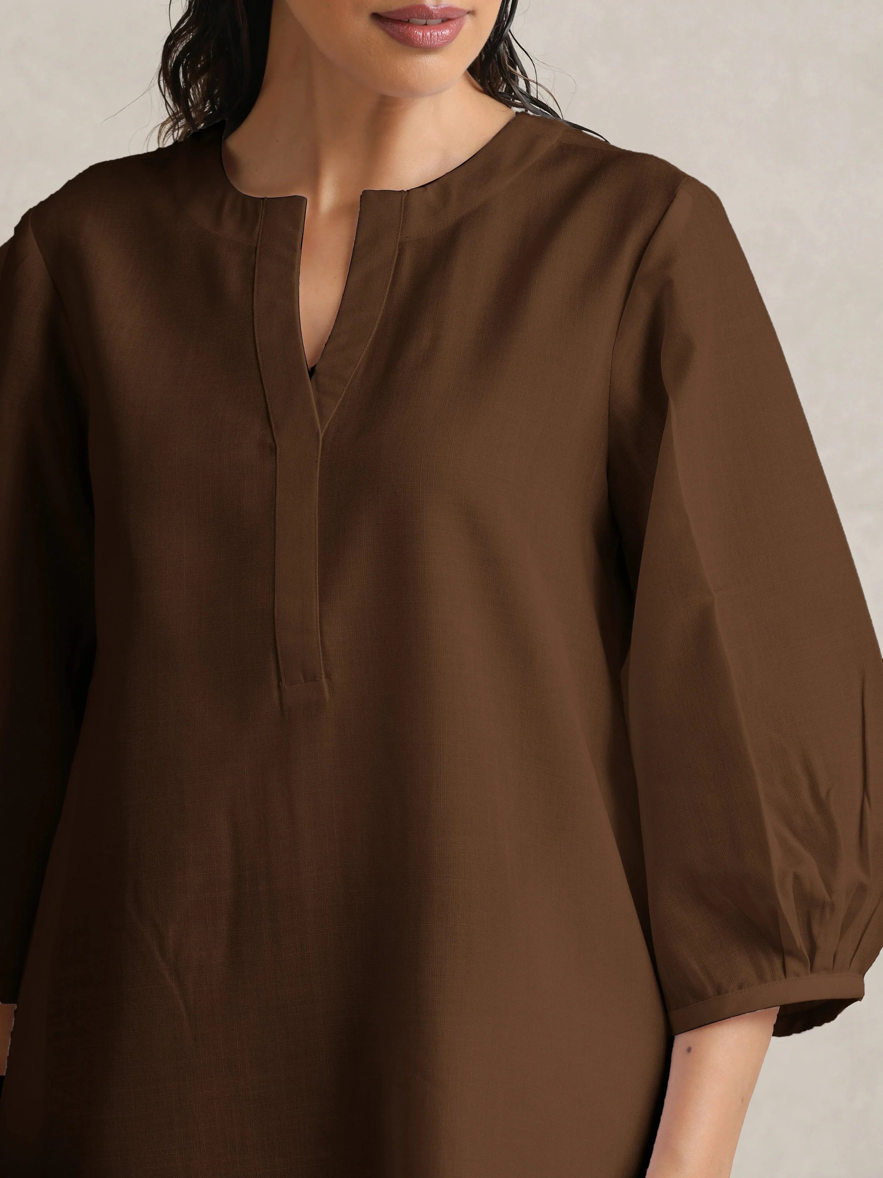 trueBrowns Brown Cotton Blend Short Kurta | Grocsy