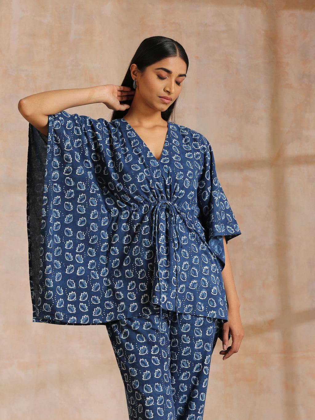trueBrowns Indigo Dabu Floral Print Cotton Kaftan Co-Ord Set | Grocsy