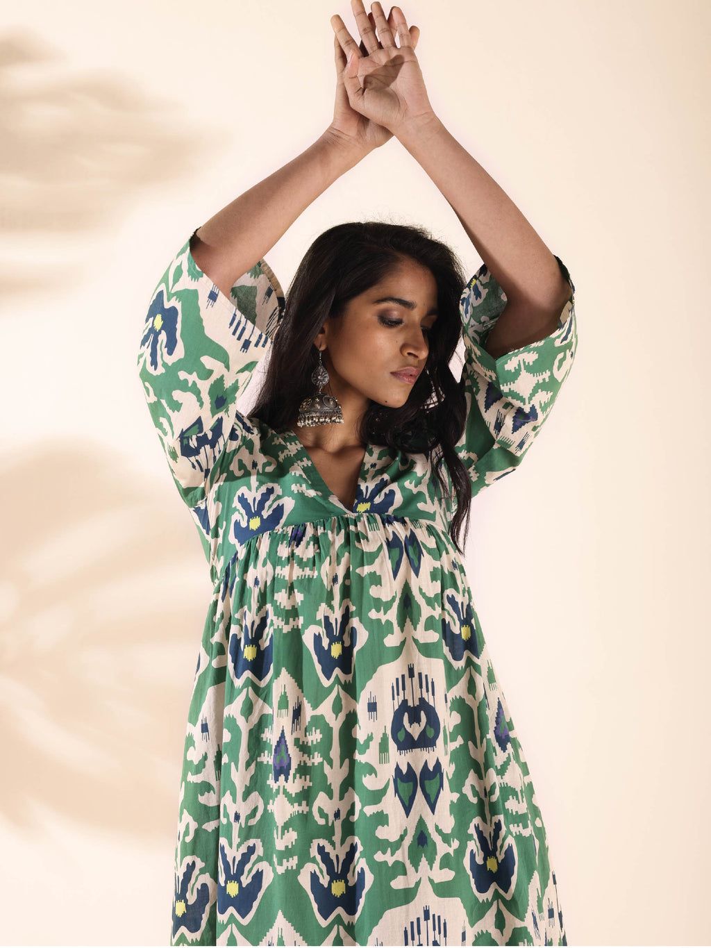 trueBrowns Green Cotton Ikat Flared Kurta Pant Set | Grocsy