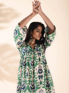 trueBrowns Green Cotton Ikat Flared Kurta Pant Set | Grocsy