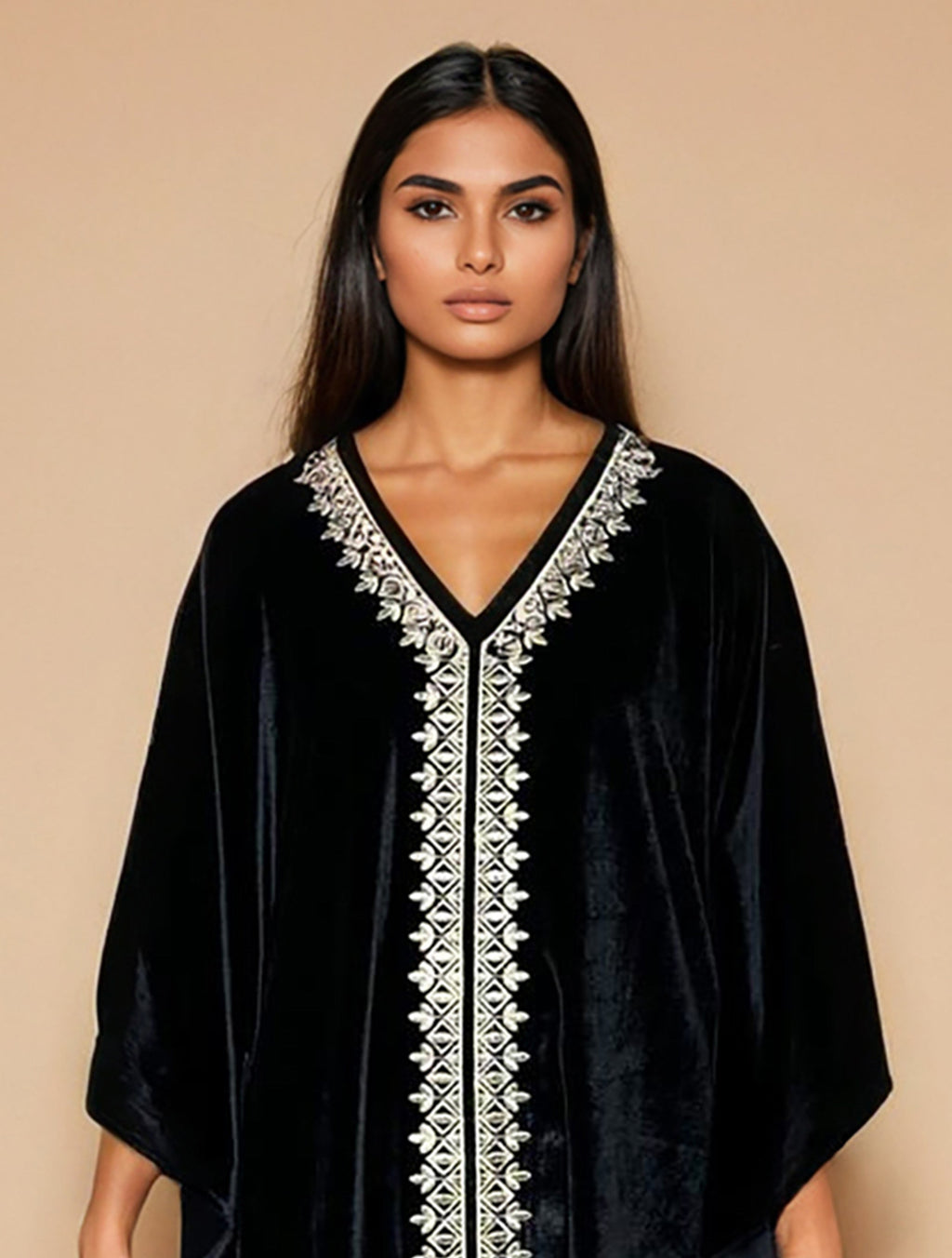 trueBrowns Black Velvet Embroidered Kaftan Kurta Set | Grocsy