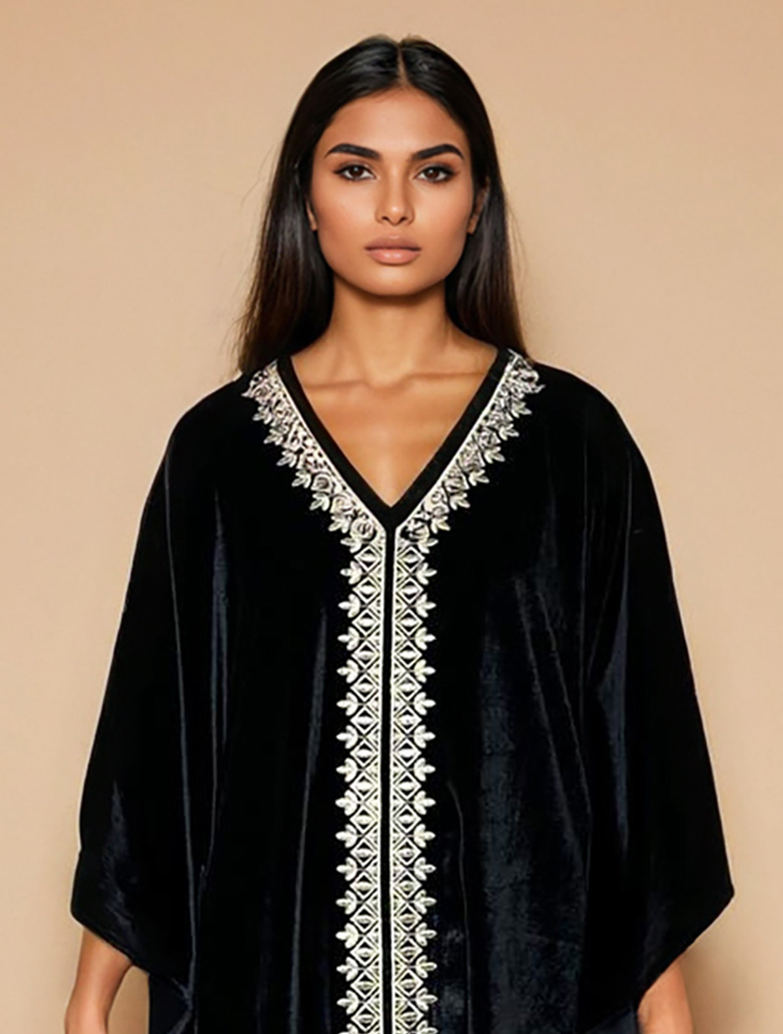 trueBrowns Black Velvet Embroidered Kaftan Kurta Set | Grocsy