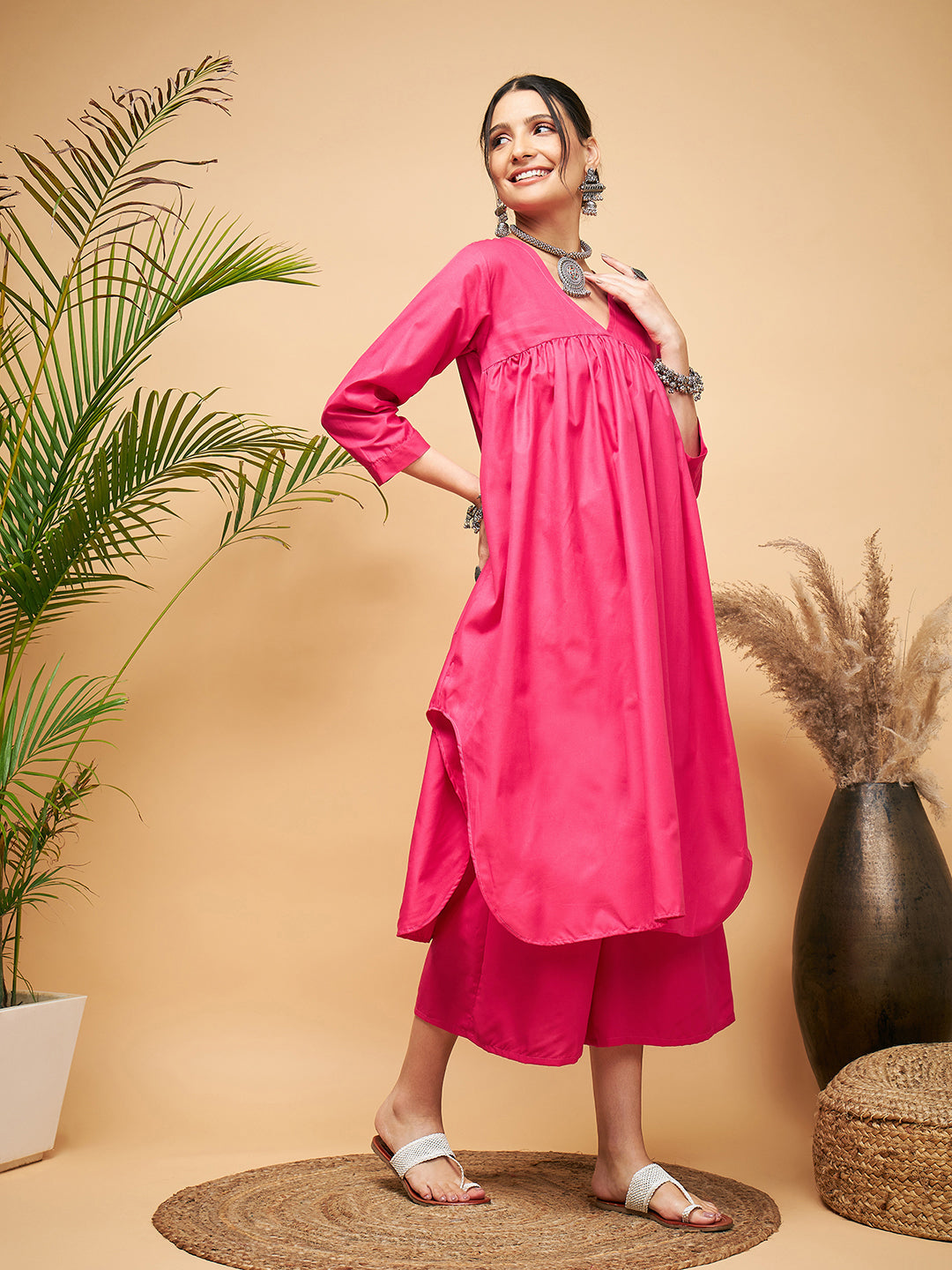InWeave Women's Fuchsia Flared Kurta Palazzo Set | Grocsy