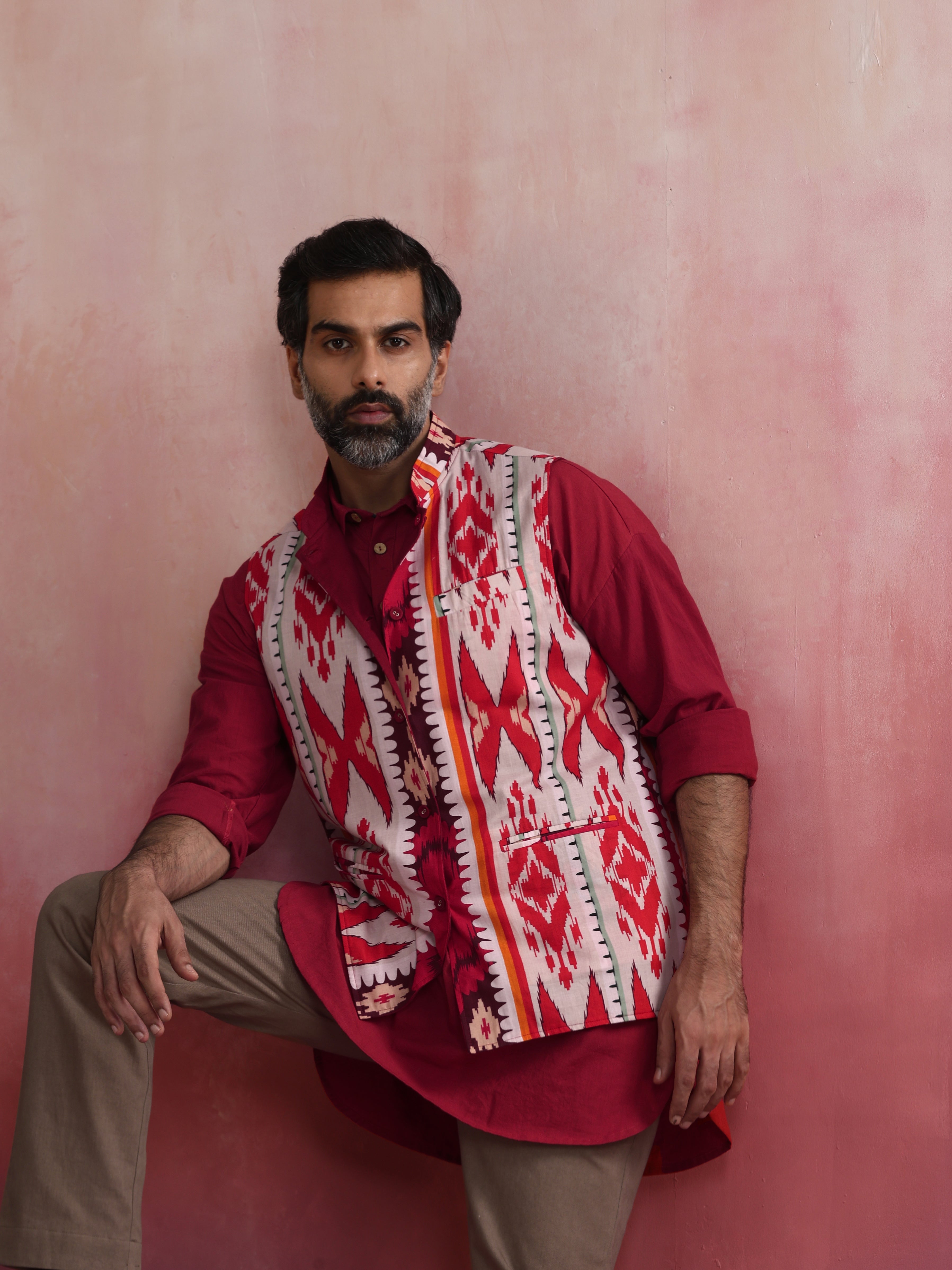 trueBrowns Men's Maroon Ikat Print Cotton Reversible Nehru Jacket | Grocsy