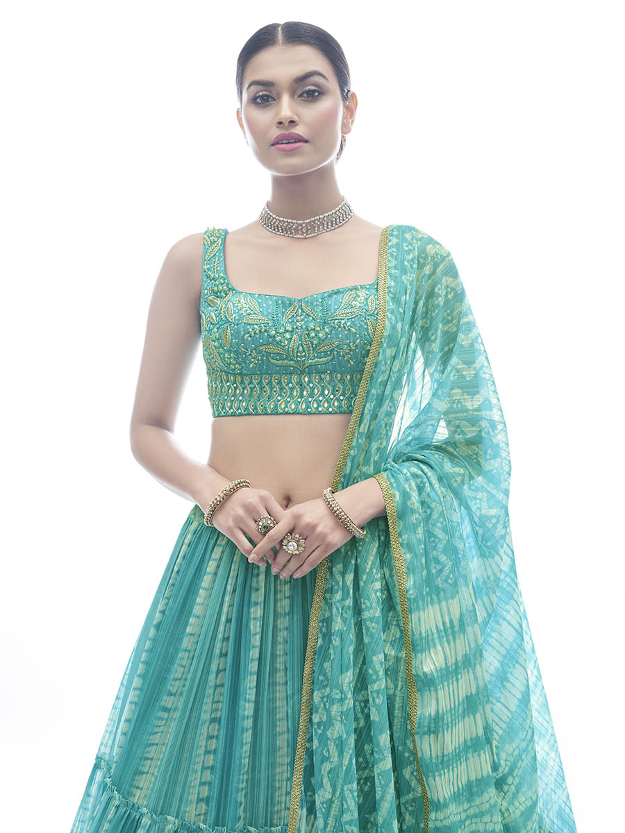 Myra Sea Green Jaquard Embroidered Designer Lehenga | Grocsy