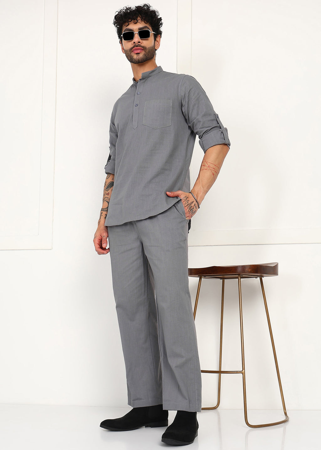 Fabmade Slate Grey Linen Short Kurta Co-Ord Set | Grocsy