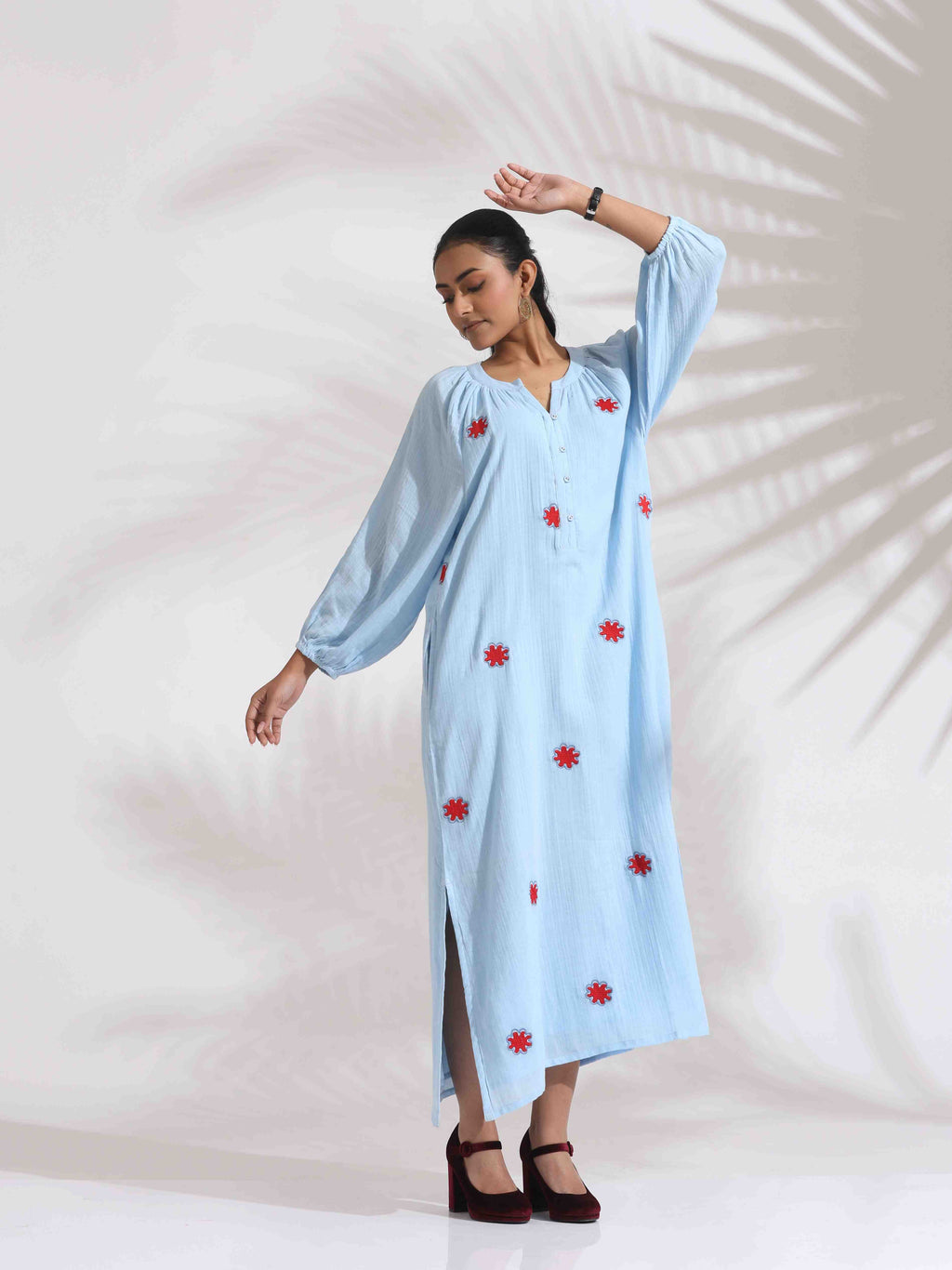 trueBrowns Blue Cotton Embroidered Dress | Grocsy