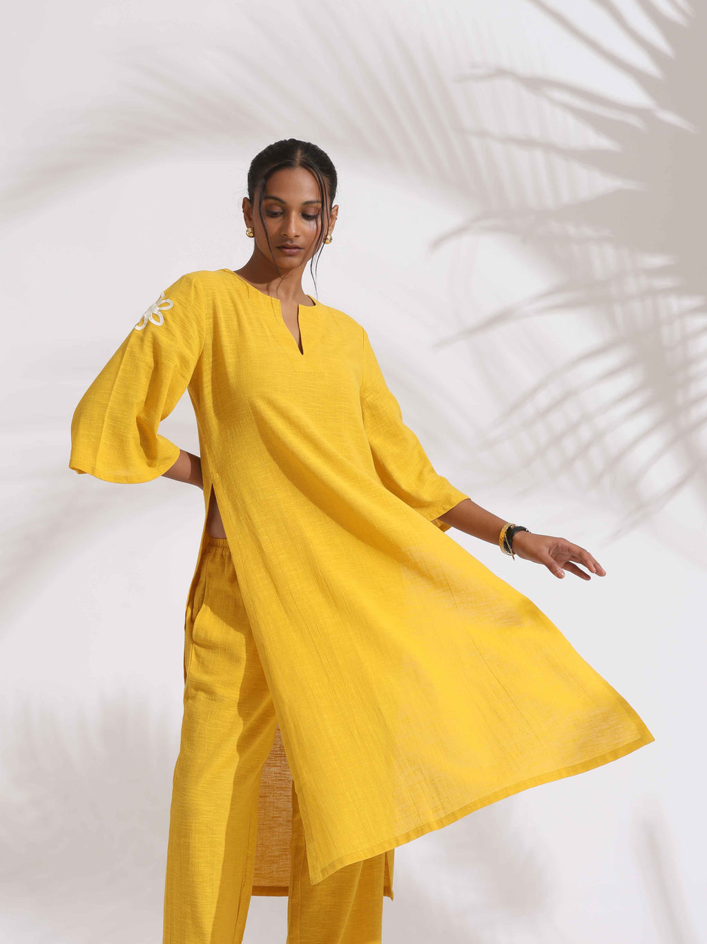 trueBrowns Yellow Cotton Slub Embroidered Straight Kurta Set | Grocsy