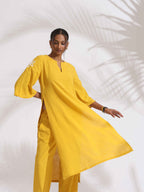 trueBrowns Yellow Cotton Slub Embroidered Straight Kurta Set | Grocsy