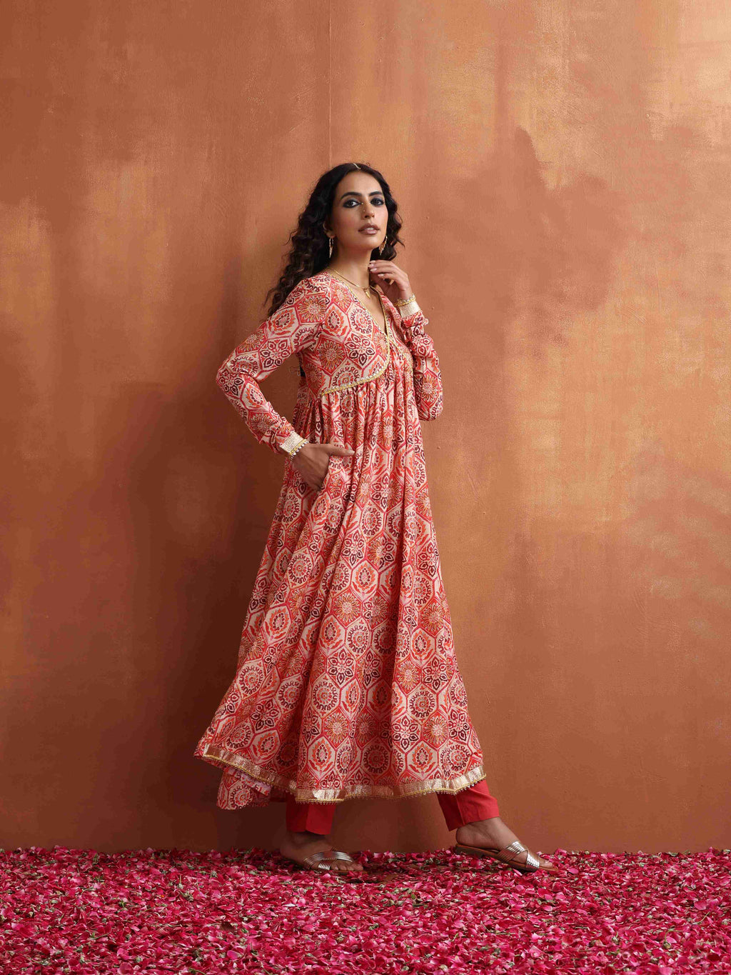 trueBrowns Beige Print Flared Anarkali Kurta Set | Grocsy