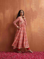 trueBrowns Beige Print Flared Anarkali Kurta Set | Grocsy