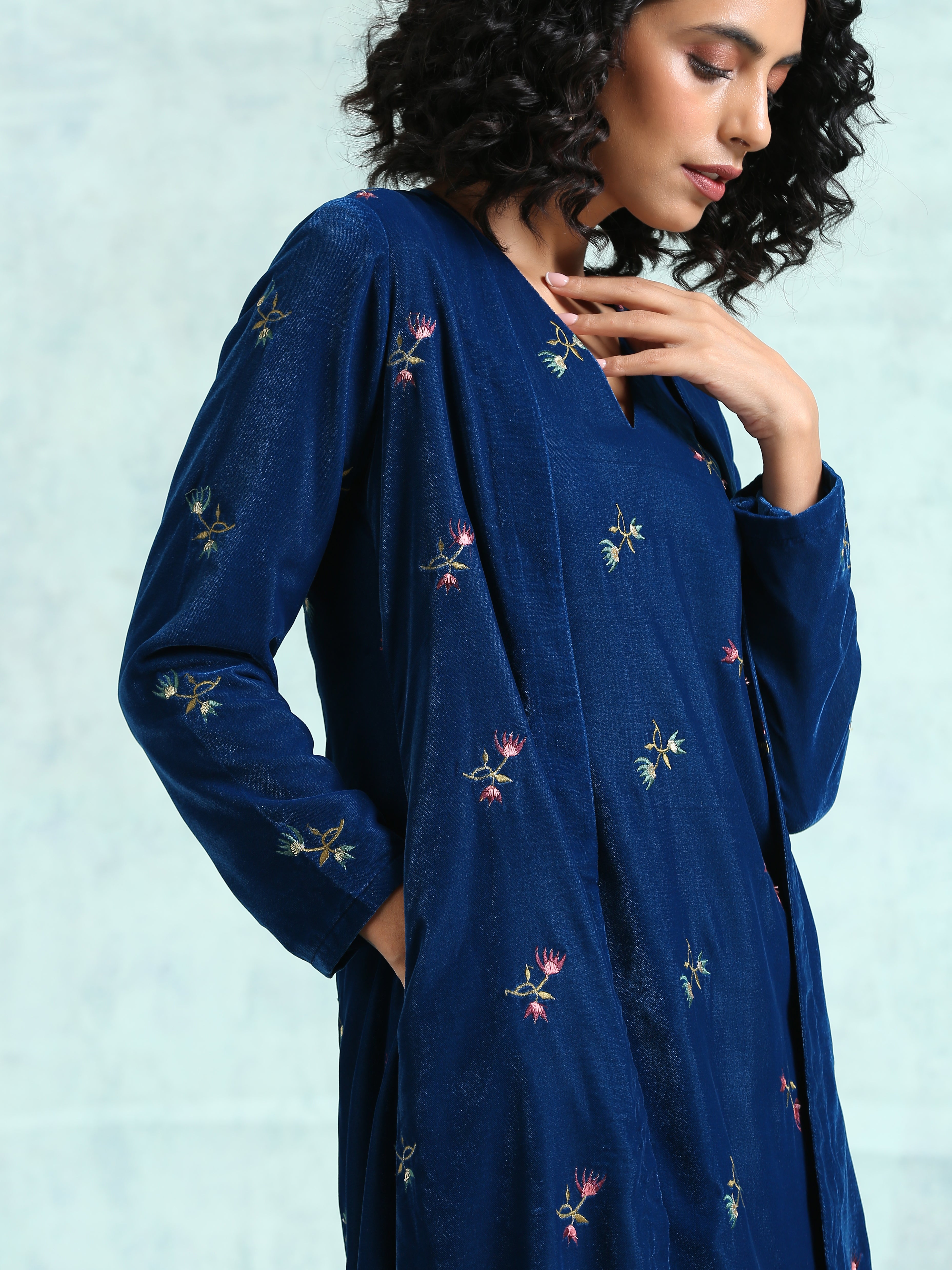 trueBrowns Blue Embroidered Velvet Overlay Jacket | Grocsy