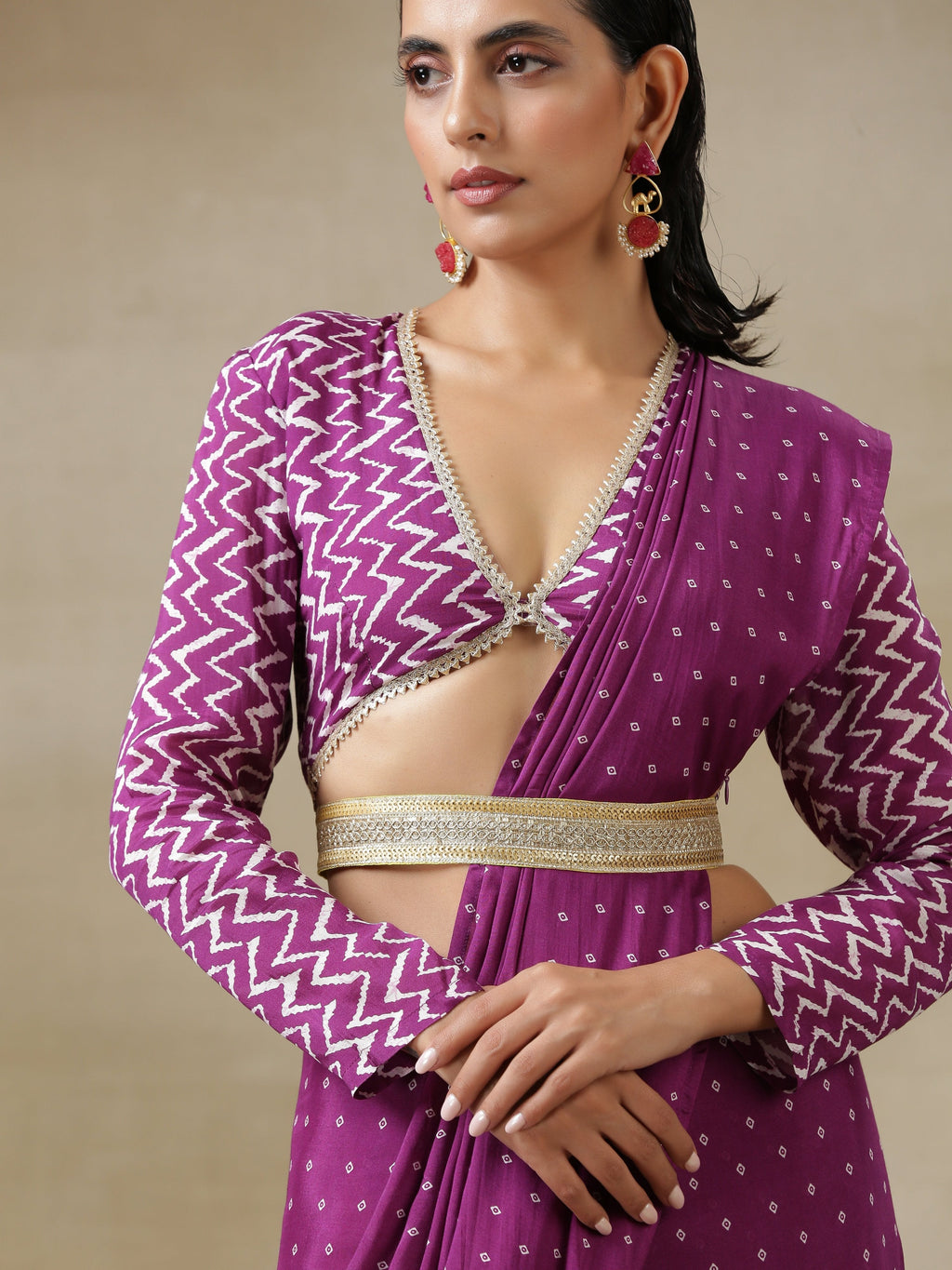 trueBrowns Purple Bandhani Printed Silk Full Sleeve Blouse | Grocsy