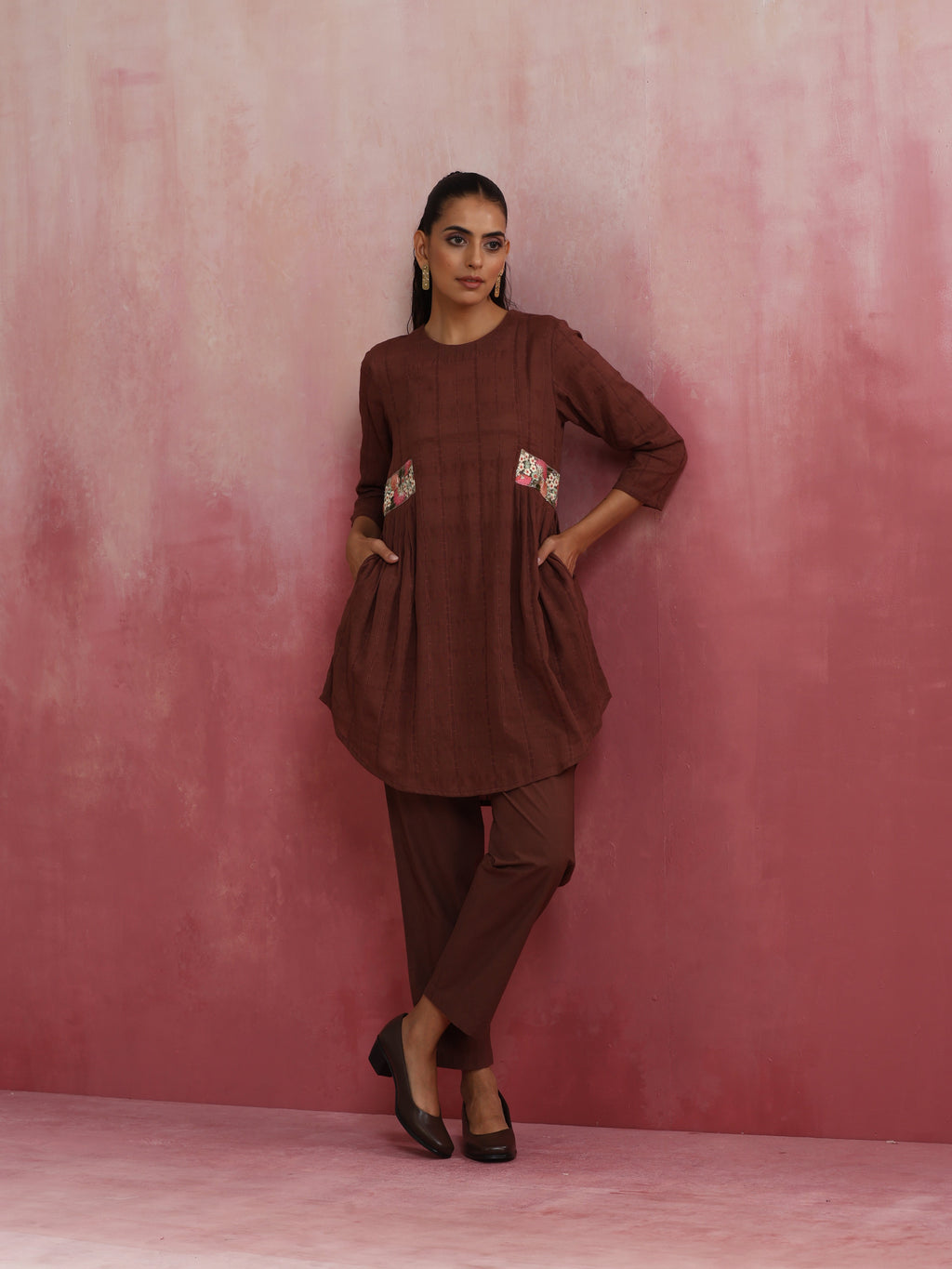 trueBrowns Brown Cotton Dobby Kurta Co-ord set | Grocsy