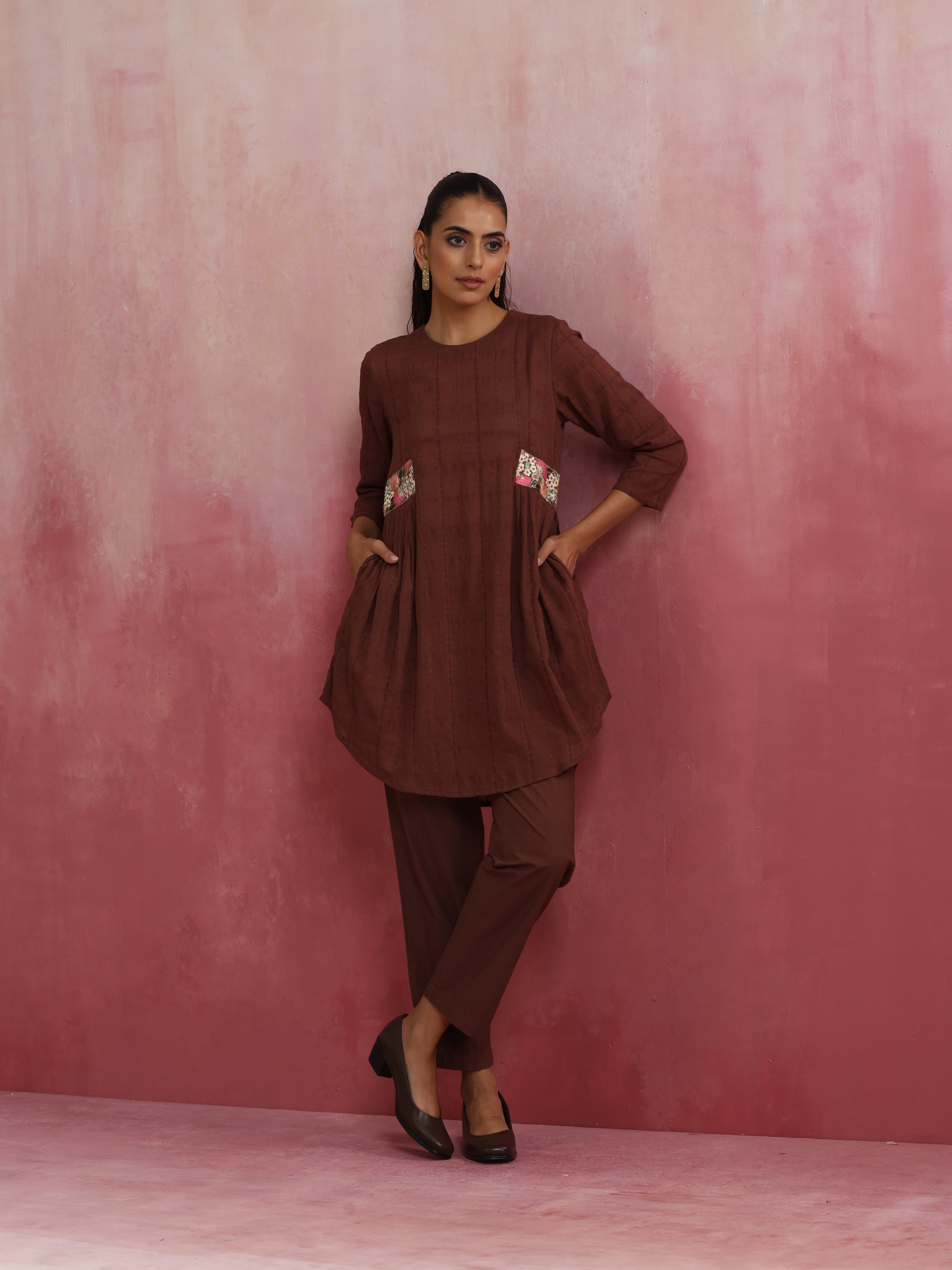 trueBrowns Brown Cotton Dobby Kurta Co-ord set | Grocsy