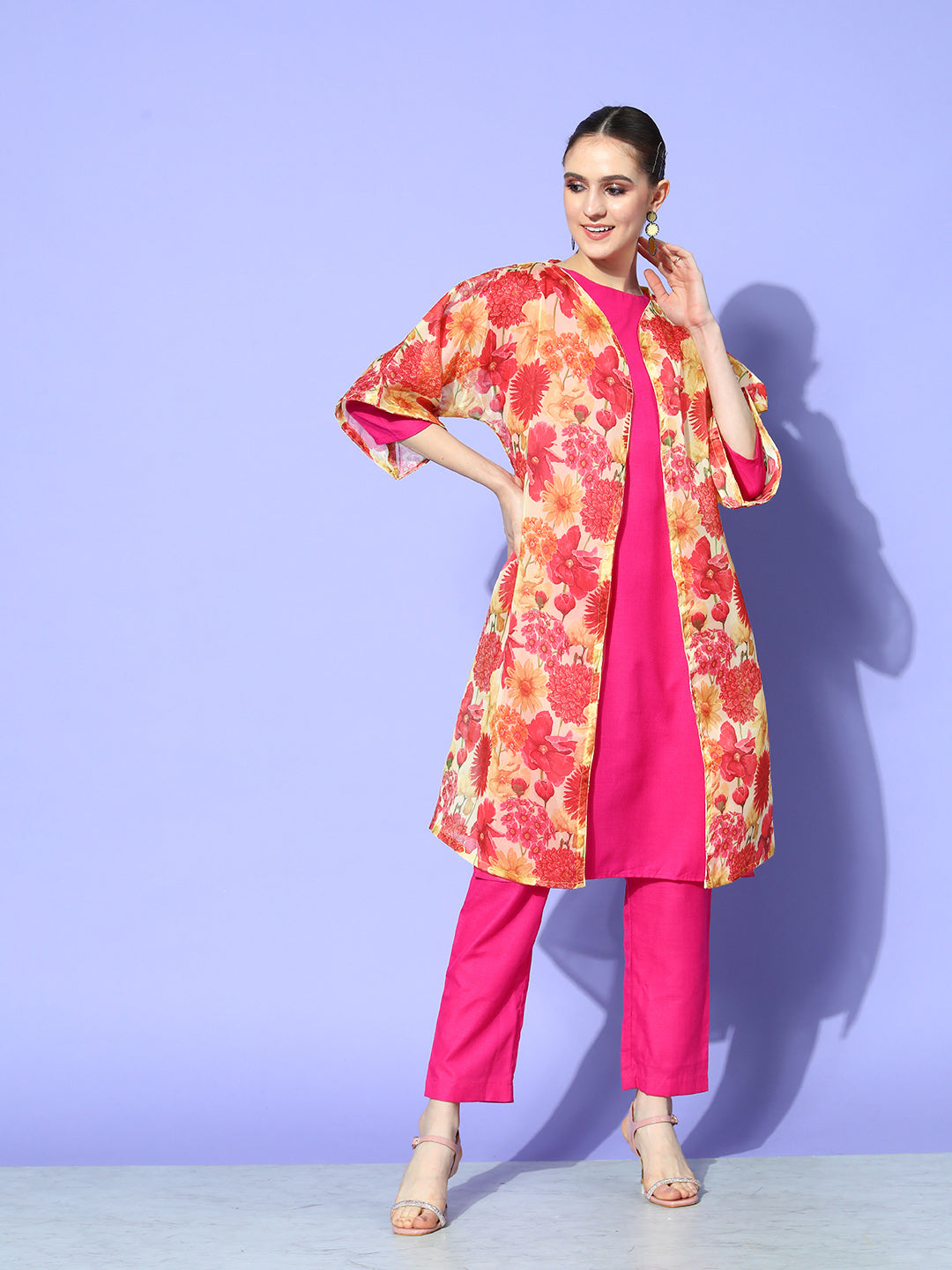 InWeave Women's Red Mustard Chintz Long Organza Cape | Grocsy