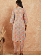 InWeave Women's Light Blue Floral Jaal Gota Work Straight Kurta Pant Set | Grocsy