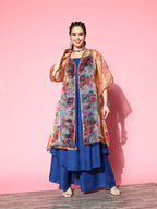 InWeave Ink Blue Strappy Set With Green Floral Long Organza Cape | Grocsy