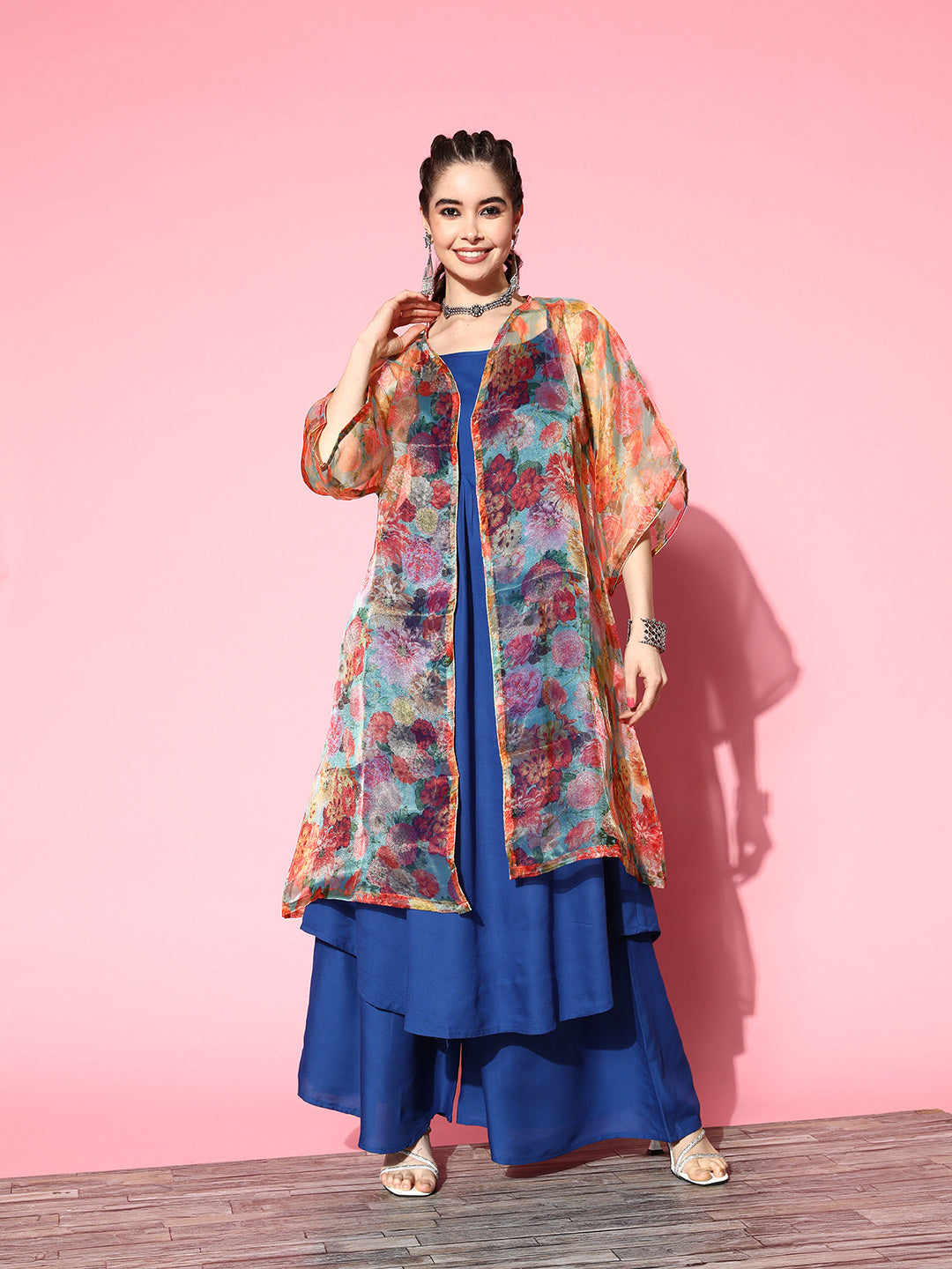 InWeave Ink Blue Strappy Set With Green Floral Long Organza Cape | Grocsy