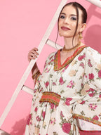 Ahalyaa Women Floral Printed Flared Sleeves Thread Work Crepe Kaftan Kurta | Grocsy