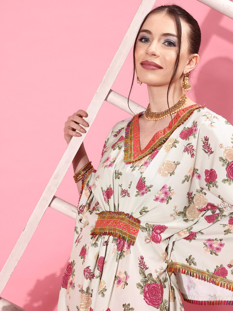 Ahalyaa Women Floral Printed Flared Sleeves Thread Work Crepe Kaftan Kurta | Grocsy