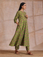 trueBrowns Lime Green Overall Pink Floral Block Print Cotton Flared Kurta Pant Set | Grocsy