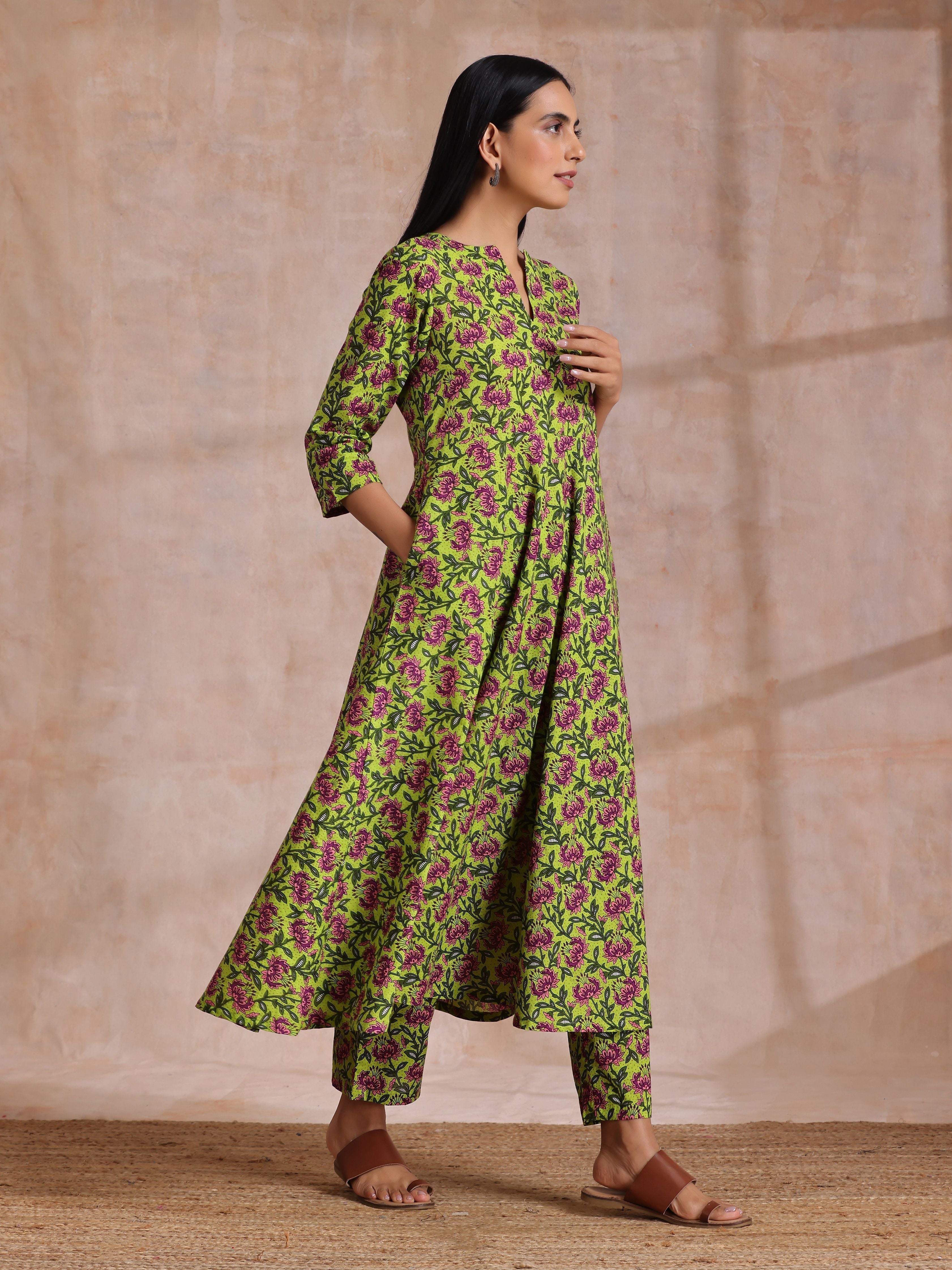 trueBrowns Lime Green Overall Pink Floral Block Print Cotton Flared Kurta Pant Set | Grocsy