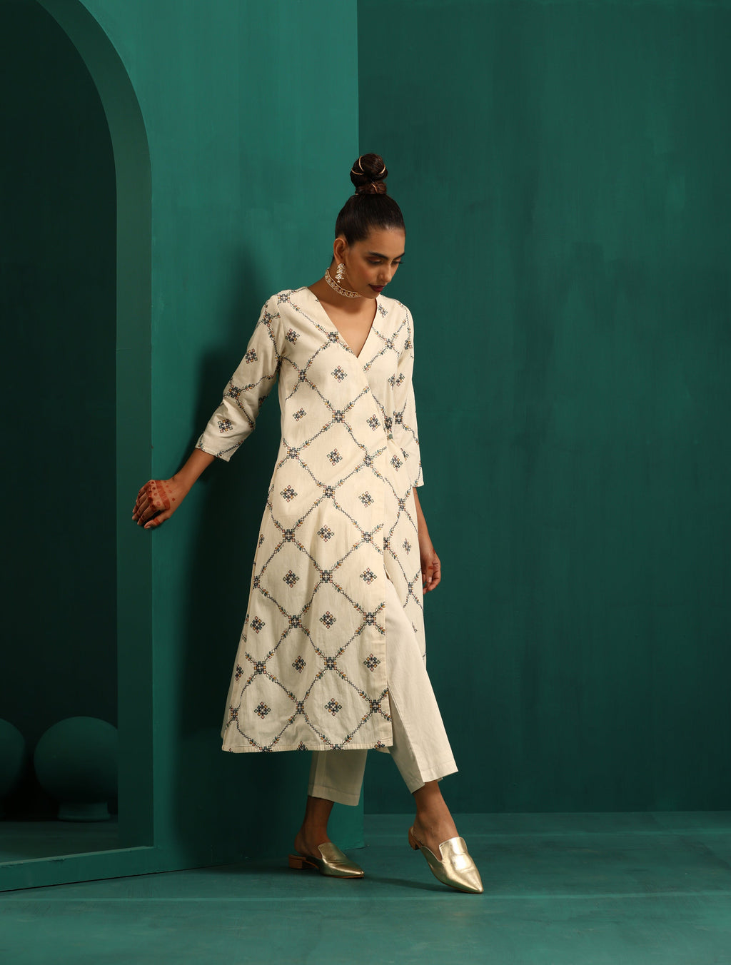 trueBrowns Ivory Rhombus Cotton Angrakha Kurta Pant Set | Grocsy
