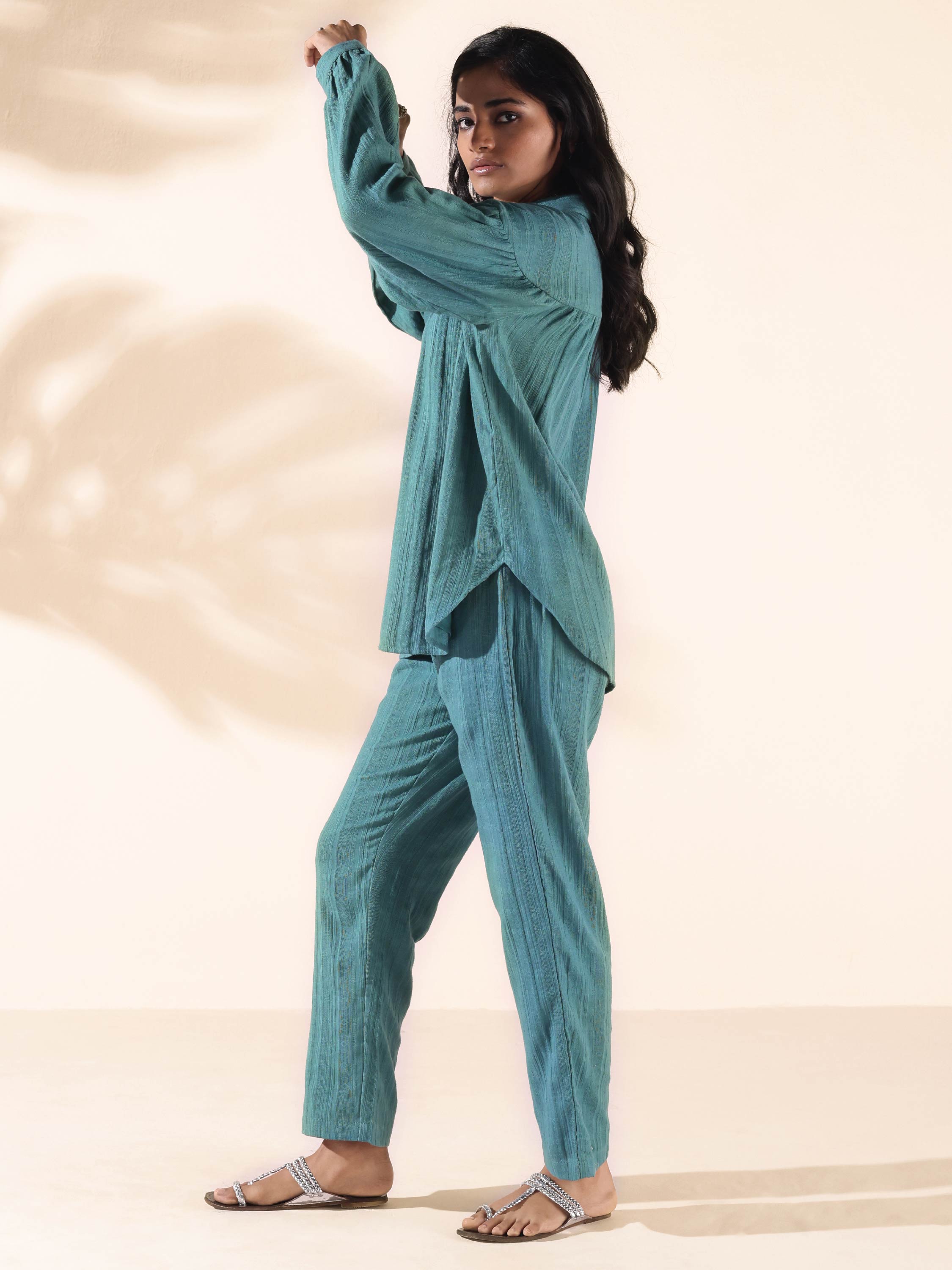 trueBrowns Turquoise Cotton Dobby Shirt Co-ord Set | Grocsy