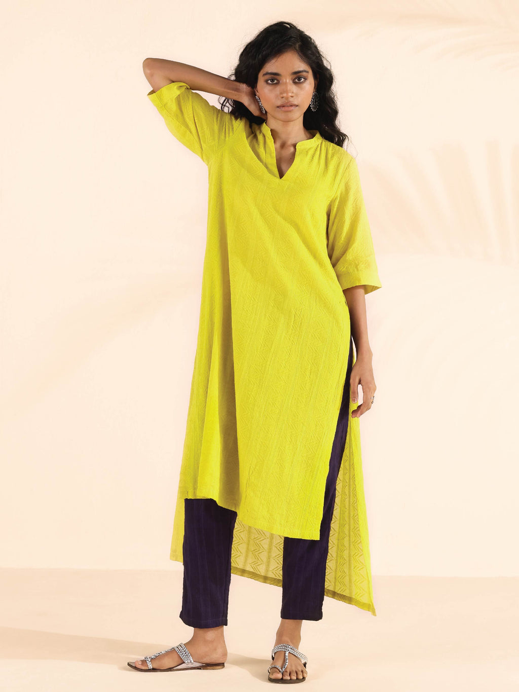 trueBrowns Lime Cotton Dobby High-Low Kurta Pant Set | Grocsy