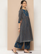 KSUT (House of Varanga) Blue And Rust Yoke Style Anarkali Paired With Printed Palazzo And Ombre Dupatta | Grocsy