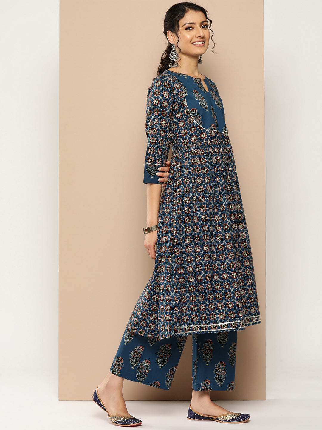 KSUT (House of Varanga) Blue And Rust Yoke Style Anarkali Paired With Printed Palazzo And Ombre Dupatta | Grocsy