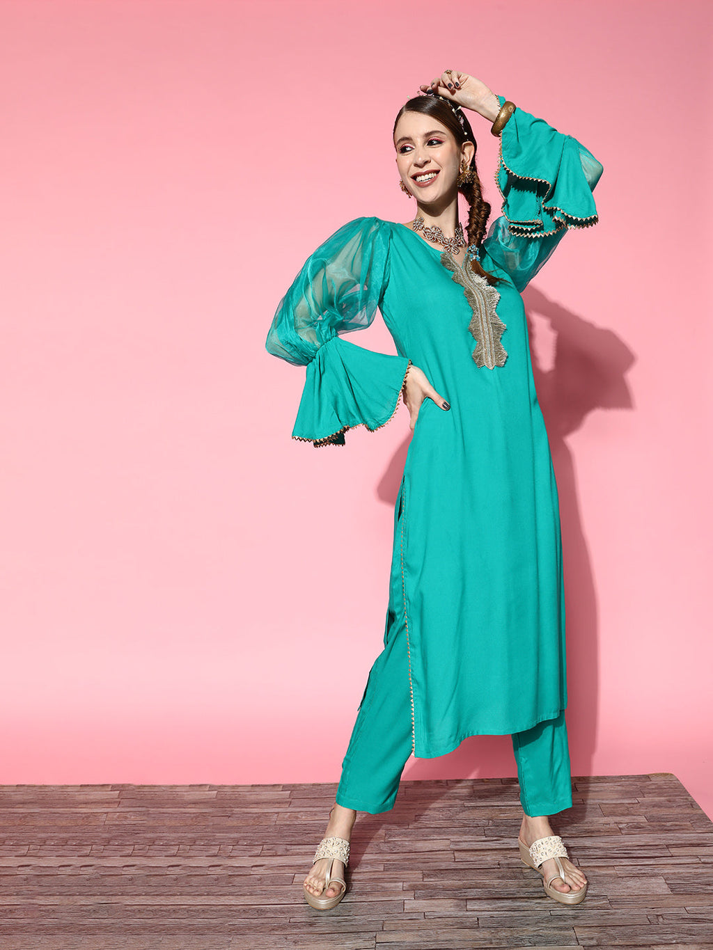 InWeave Women's Aqua Organza Sleeve Gota Work Kurta Set | Grocsy