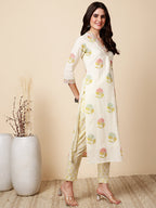 Antaran Cream Pure Cotton Floral Printed Kurta Pant And Dupatta Set | Grocsy