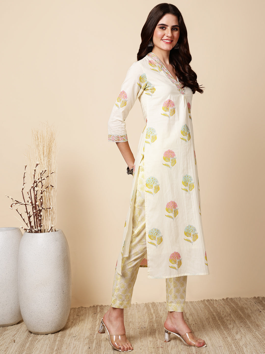 Antaran Cream Pure Cotton Floral Printed Kurta Pant And Dupatta Set | Grocsy
