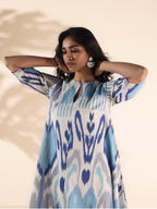 trueBrowns Blue Cotton Ikat Flared Kurta Pant Set | Grocsy