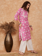 InWeave Women's Pink White Floral Square Lace Work Straight Kurta | Grocsy
