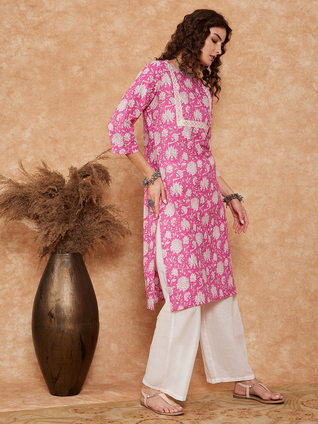 InWeave Women's Pink White Floral Square Lace Work Straight Kurta | Grocsy