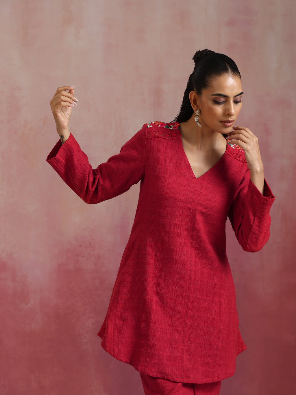 trueBrowns Red Cotton Dobby Kurta Co-ord set | Grocsy