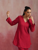 trueBrowns Red Cotton Dobby Kurta Co-ord set | Grocsy